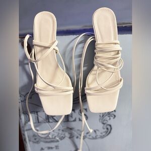 White Lace-Up Strappy Stiletto Heels Sandals Size‎ 8 Square Toe